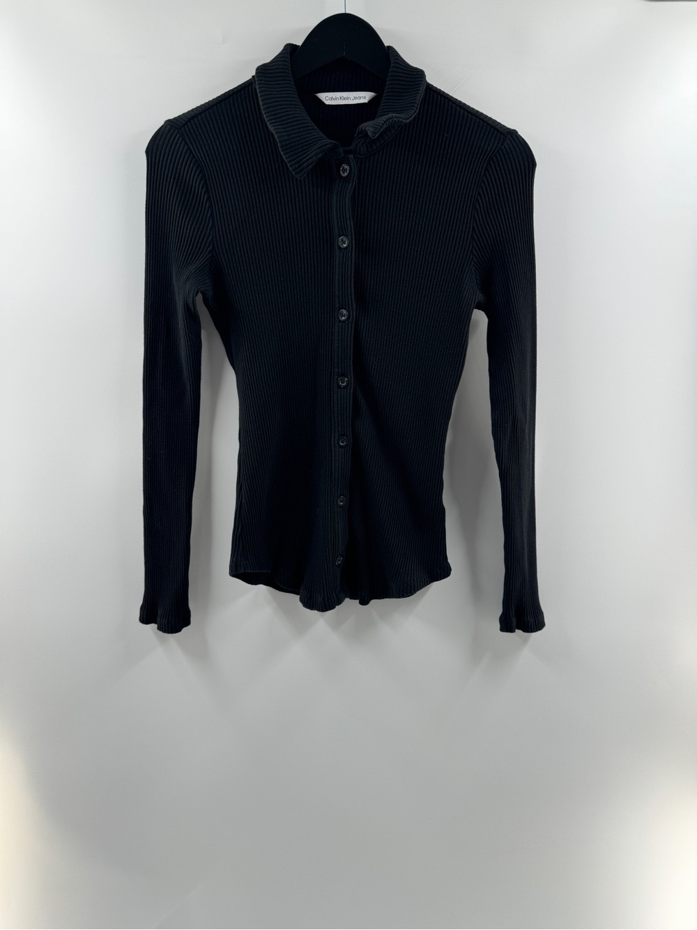 Calvin Klein Black Ribbed Collared Long Sleeve Top – Women’s Medium